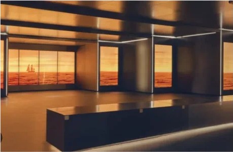 Salle d'exposition équipée d'un dispositif multi-écrans diffusant un horizon maritime